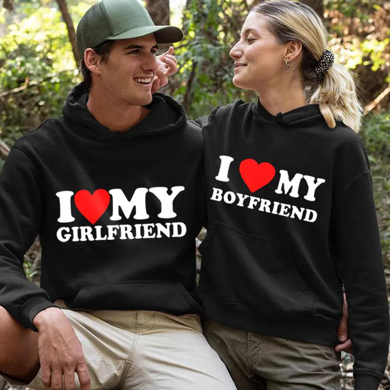 I Love My Boyfriend Girlfriend Print Couples Hoodies Matching Set